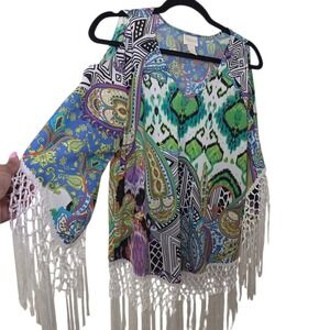 Chico's Size 0 Boho Kimono Top Paisley Mixed Print Fringe Sleeve Tunic Resort